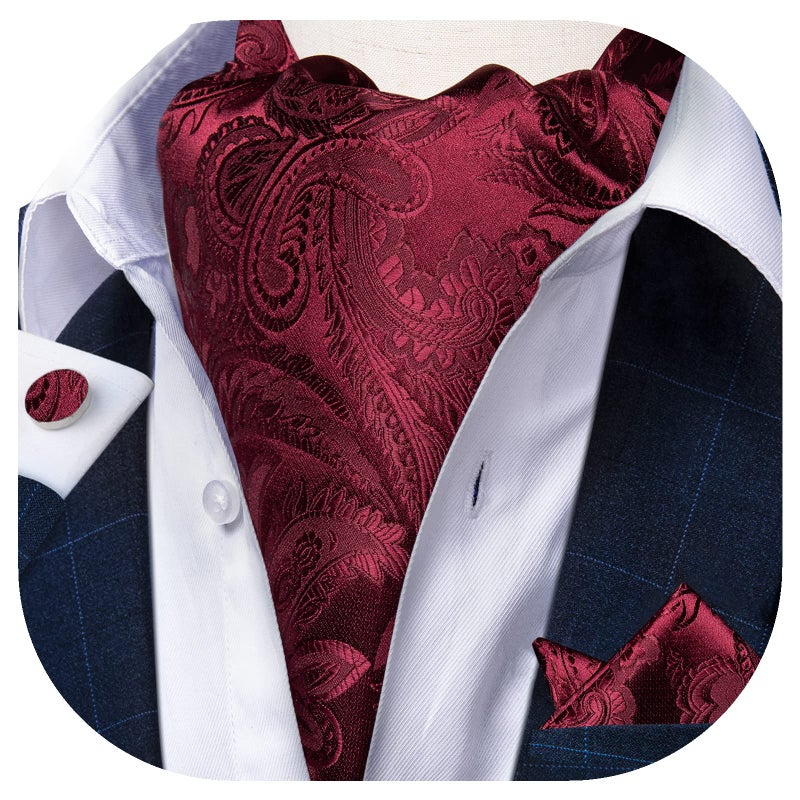 DiBanGu Burgundy Ascot Ties for Men Cravat Tie and Pocket Square Set Jacquard Silk Ascot Paisley Cravat for Men - Image 2